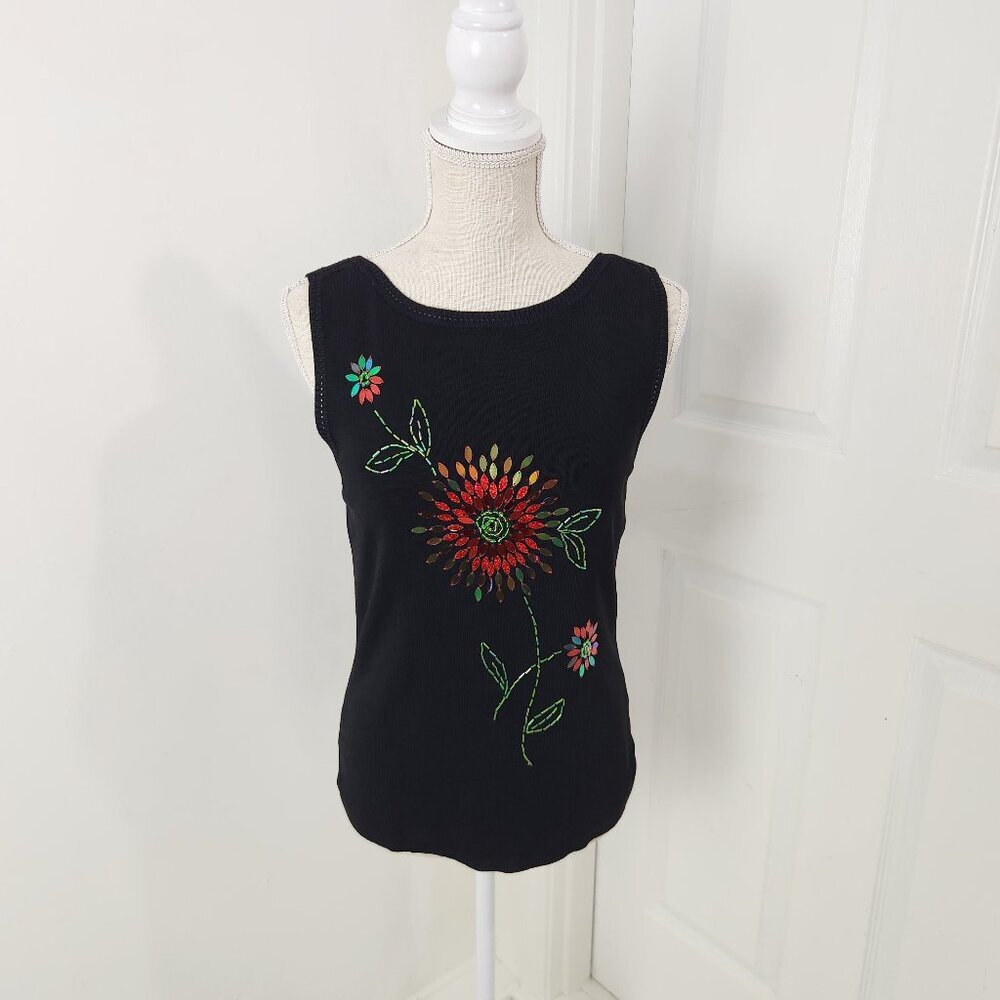 Sweater Works Top Womens M Black Sequin Floral Vintage Beaded Sweater 90s Cute
